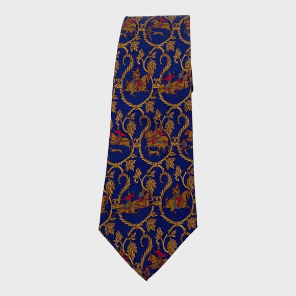 Salvatore Ferragamo Blue Golden Yellow Red Horse Laurel Leaf Silk Tie